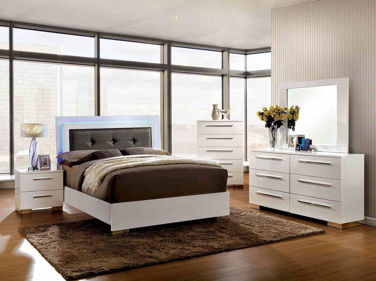 Clementine Contemporary Upholstered LED Bed & Bedroom Collection - Button-Tufted Headboard & Chrome Accents in Glossy White – White & Silver, view 2