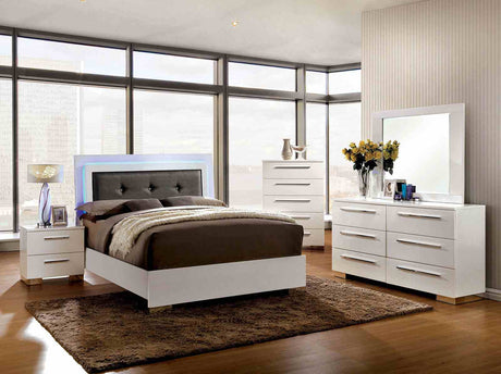 Clementine Contemporary Upholstered LED Bed & Bedroom Collection - Button-Tufted Headboard & Chrome Accents in Glossy White – White & Silver, view 2