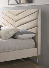Vivar Mid-Century Chevron Tufted Upholstered Bed - Angled Gold Legs in Beige Flannelette – Beige & Gold, view 3