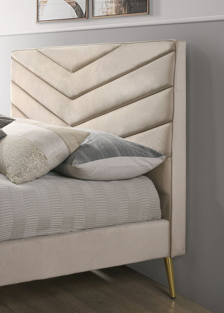 Vivar Mid-Century Chevron Tufted Upholstered Bed - Angled Gold Legs in Beige Flannelette – Beige & Gold, view 3