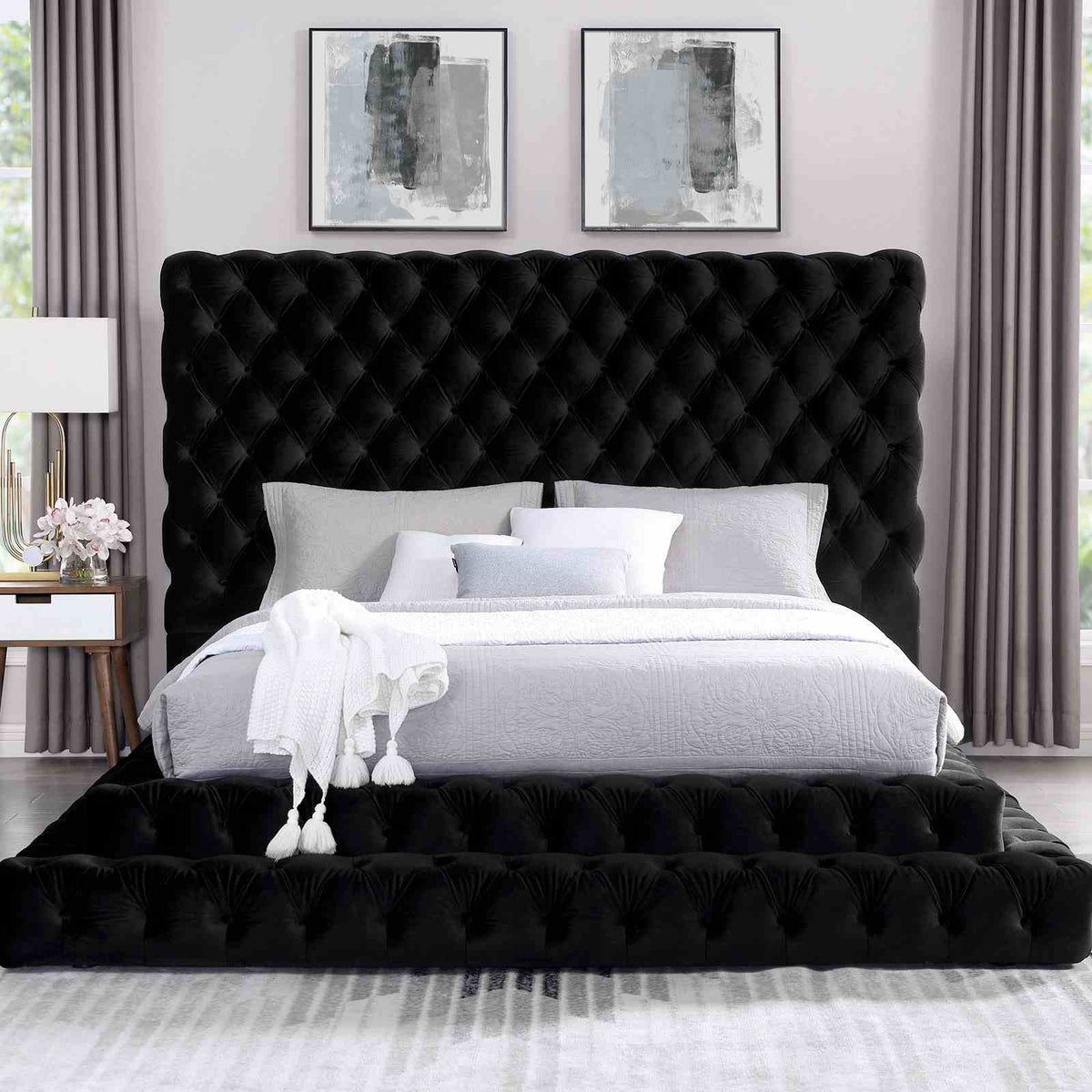 Stefania Glam Upholstered Platform Bed & Bedroom Set - Oversized Deep Button Tufted Headboard in Black or Gray – Black & Gray, view 3