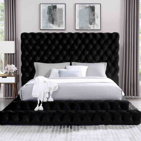 Stefania Glam Upholstered Platform Bed & Bedroom Set - Oversized Deep Button Tufted Headboard in Black or Gray – Black & Gray, view 3