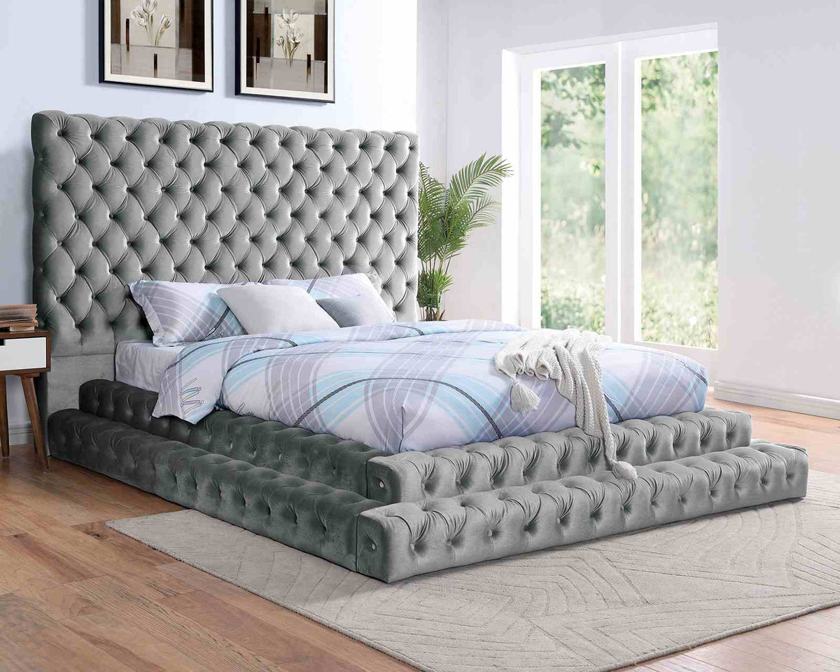 Stefania Glam Upholstered Platform Bed & Bedroom Set - Oversized Deep Button Tufted Headboard in Black or Gray – Black & Gray, view 9