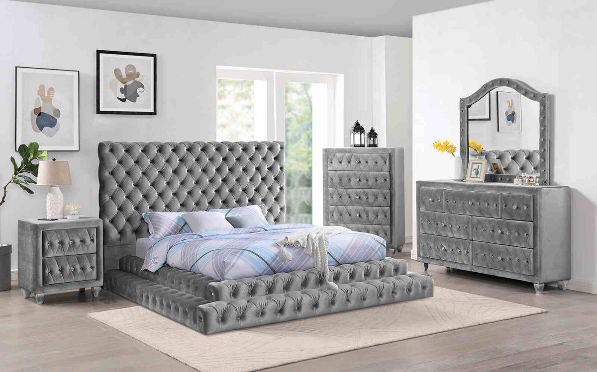 Stefania Glam Upholstered Platform Bed & Bedroom Set - Oversized Deep Button Tufted Headboard in Black or Gray – Black & Gray, view 8