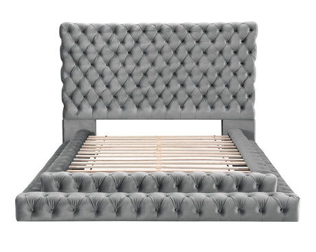 Stefania Glam Upholstered Platform Bed & Bedroom Set - Oversized Deep Button Tufted Headboard in Black or Gray – Black & Gray, view 11
