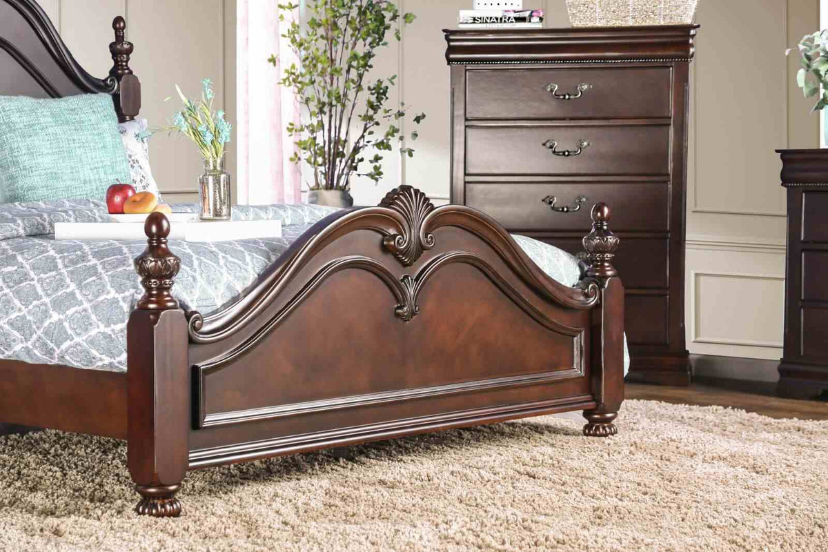 Mandura Traditional Low Post Bed & Bedroom Collection - Dresser, Chest, Nightstand & Mirror with Intricate Accents in Cherry – Brown, view 8
