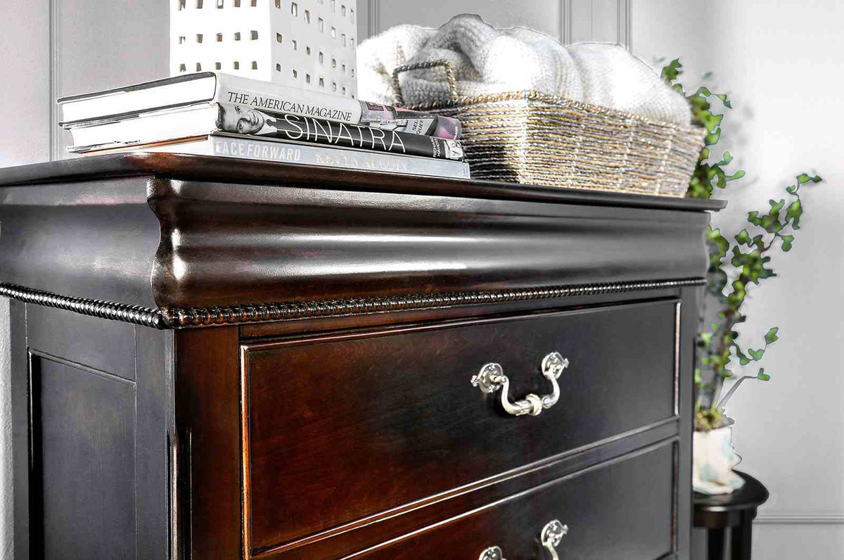 Mandura Traditional Low Post Bed & Bedroom Collection - Dresser, Chest, Nightstand & Mirror with Intricate Accents in Cherry – Brown, view 14