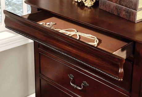 Mandura Traditional Low Post Bed & Bedroom Collection - Dresser, Chest, Nightstand & Mirror with Intricate Accents in Cherry – Brown, view 13