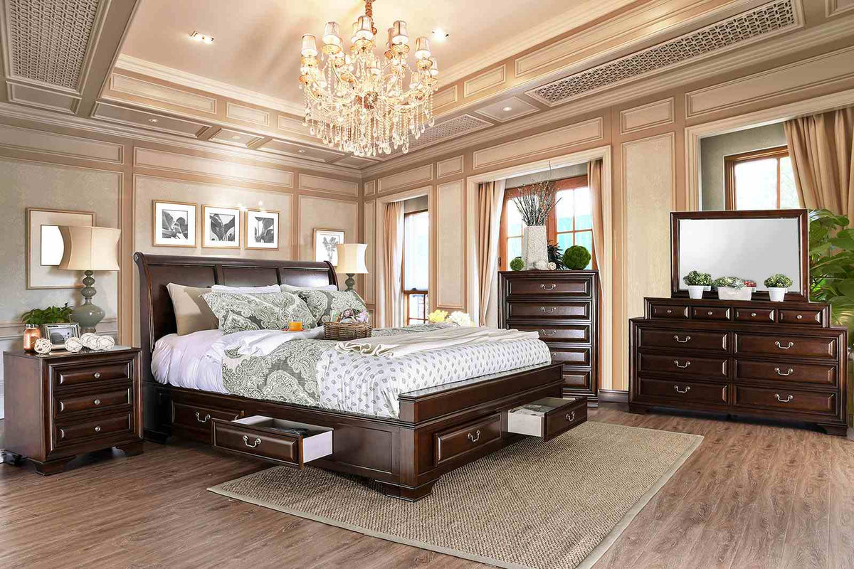 Brandt Transitional Storage Bed & Bedroom Collection - Wood Inlay, USB Nightstand, Dresser, Chest & Media Chest in Brown Cherry or Gray – Brown & Gray, view 2