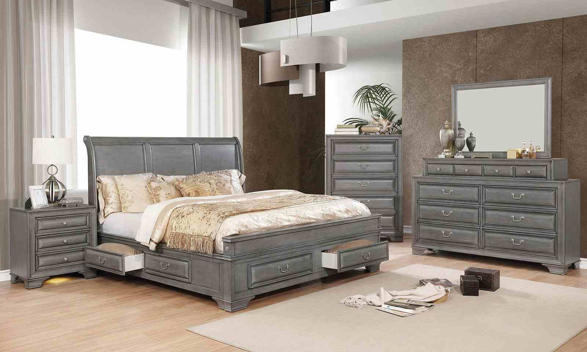 Brandt Transitional Storage Bed & Bedroom Collection - Wood Inlay, USB Nightstand, Dresser, Chest & Media Chest in Brown Cherry or Gray – Brown & Gray, view 15