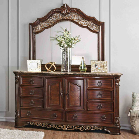 Menodora Traditional Camelback Upholstered Bed, Bedroom Set & Case Pieces - Dresser