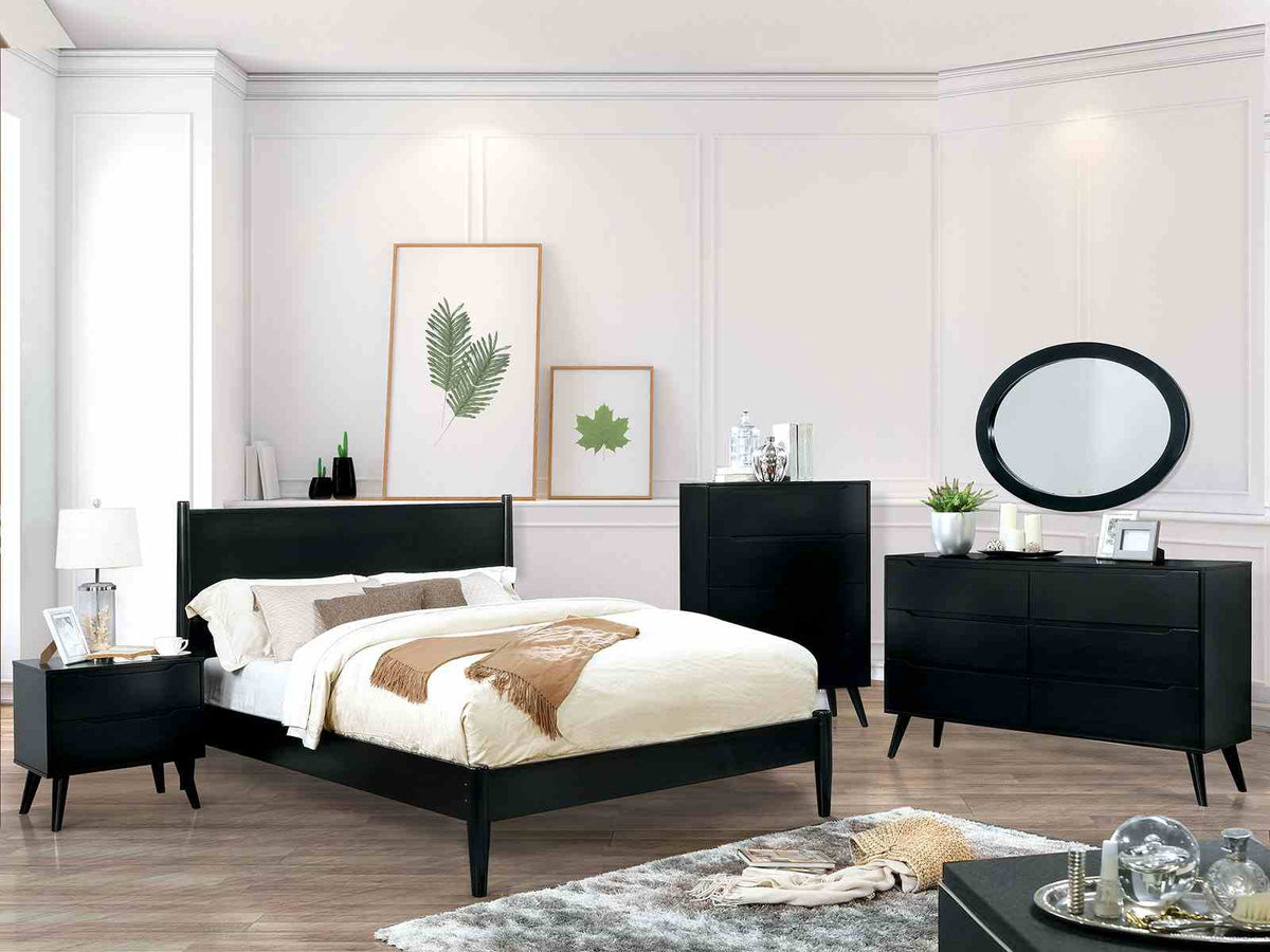 Lennart Mid-Century Modern Bed & Bedroom Collection - 4pcs- Twin Bed + Dresser + Mirror + Nightstand