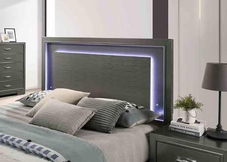 Alison Contemporary LED Platform Bed & Bedroom Collection - Textured Headboard, Bracket Feet & Acrylic Hardware in Metallic Gray – Gray, view 6