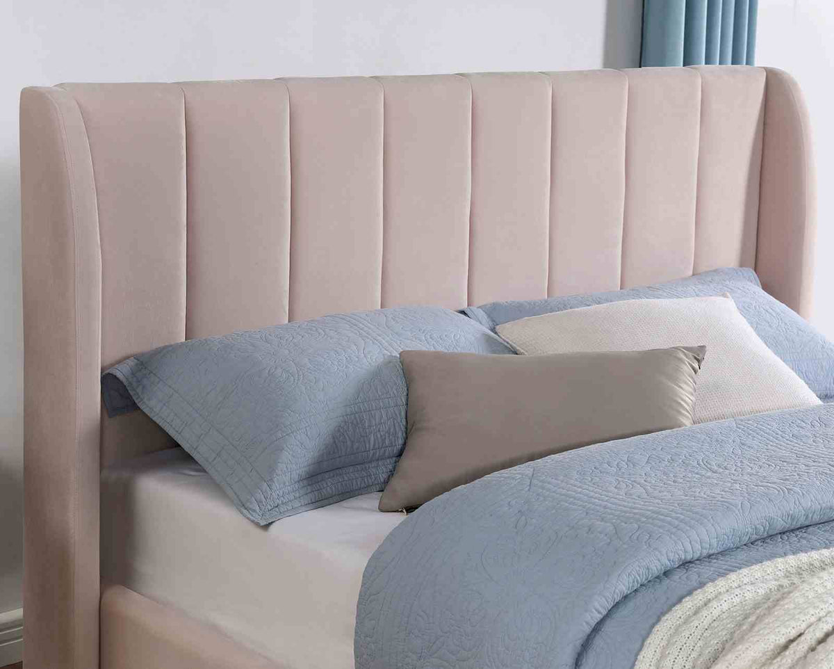 Pearl Contemporary Upholstered Platform Bed - Channel Tufted Wingback Headboard with Gold Legs in Light Pink – Pink, view 2