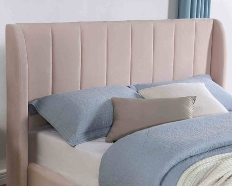 Pearl Contemporary Upholstered Platform Bed - Channel Tufted Wingback Headboard with Gold Legs in Light Pink – Pink, view 2
