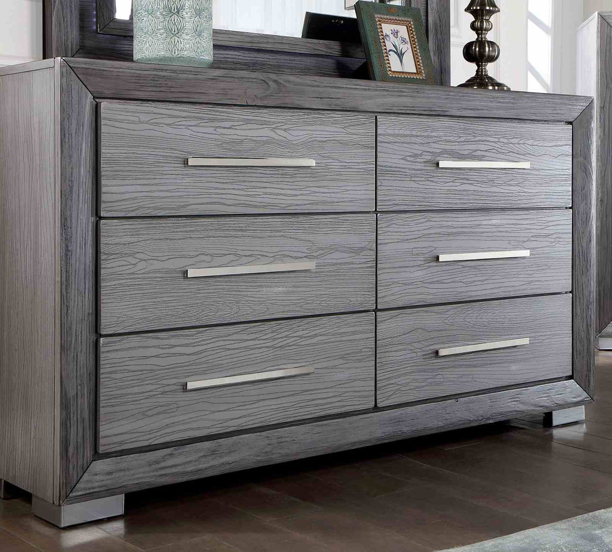 Raiden Transitional LED Bed, Bedroom Set & Case Pieces - Illuminated Headboard & USB Nightstands in Gray – Gray, view 9