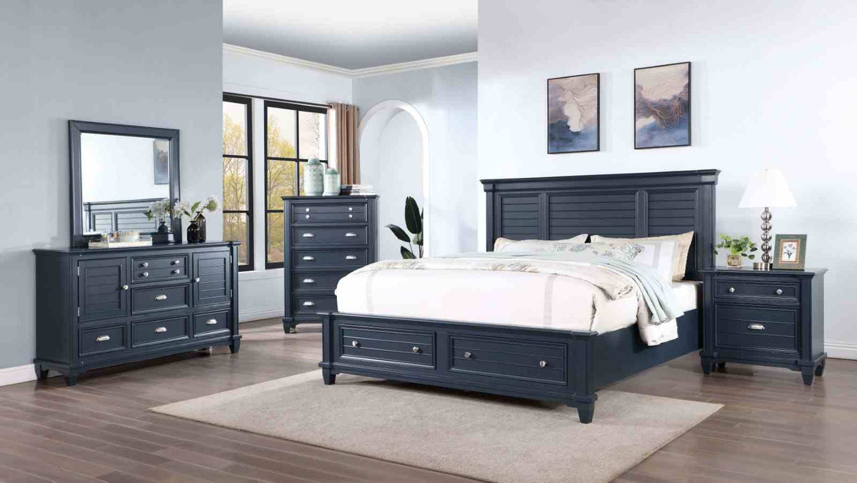 Manzanillo Transitional Storage Bed & Bedroom Collection - Footboard Drawers, Dresser, Chest, Nightstand & Armoire in Slate Blue – Blue, view 2