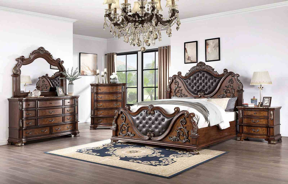 Esparanza Traditional Button-Tufted Bed & Bedroom Collection - Marble-Top Dresser, Nightstand, Chest & Mirror in Brown Cherry or Pearl White – Brown & White, view 2
