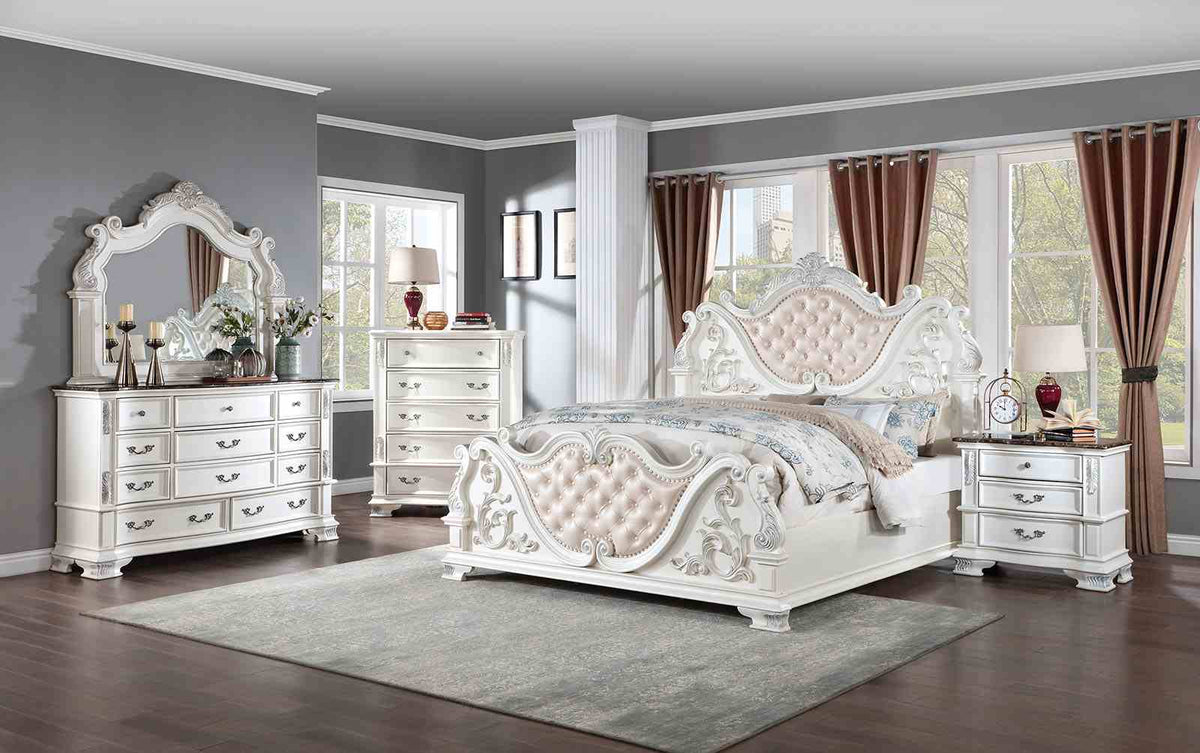 Esparanza Traditional Button-Tufted Bed & Bedroom Collection - 5pcs- Queen Bed + Dresser + Mirror + 2 Nightstands