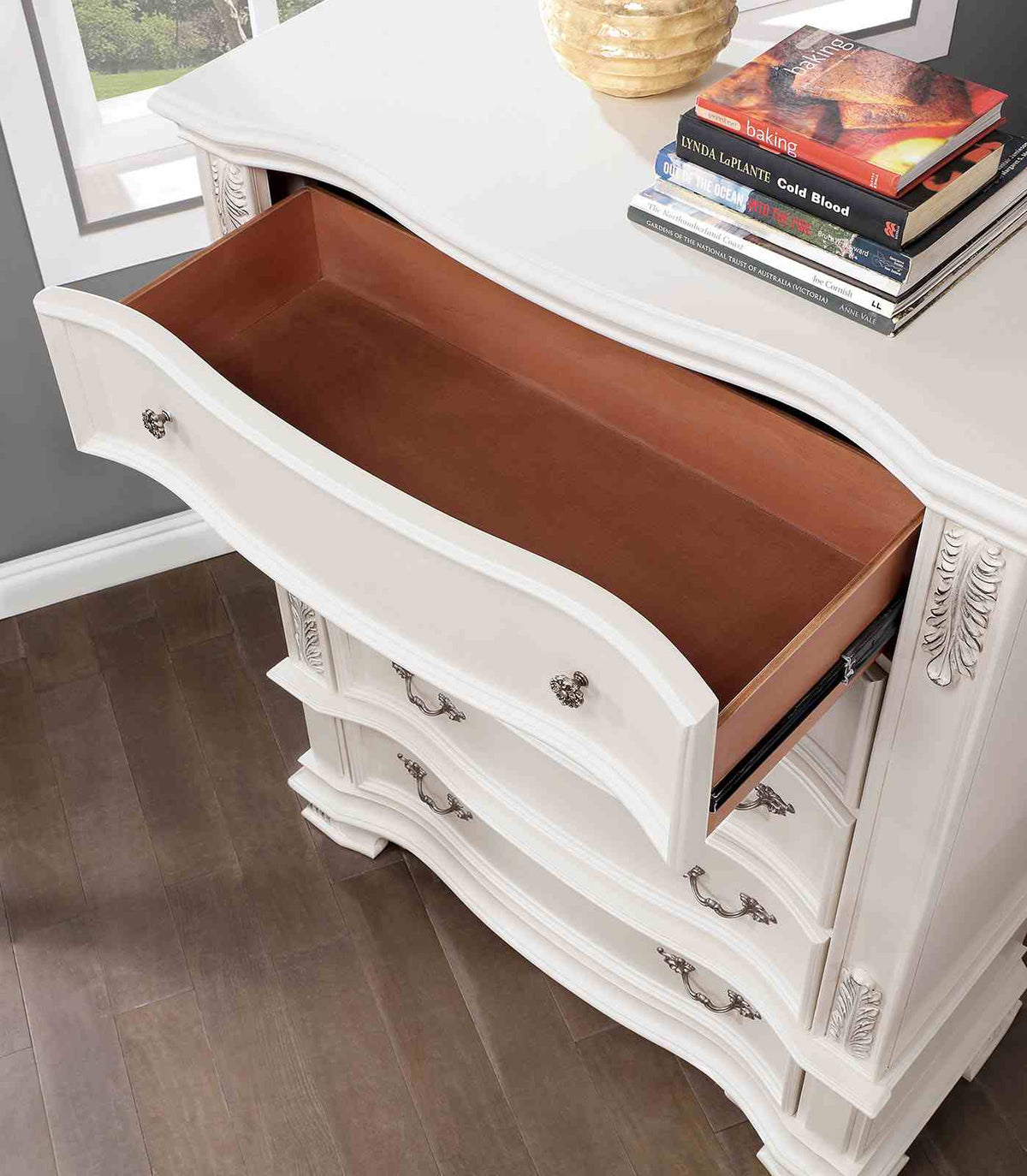 Esparanza Traditional Button-Tufted Bed & Bedroom Collection - Marble-Top Dresser, Nightstand, Chest & Mirror in Brown Cherry or Pearl White – Brown & White, view 17