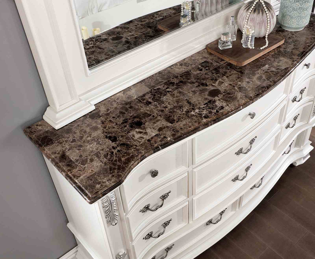 Esparanza Traditional Button-Tufted Bed & Bedroom Collection - Marble-Top Dresser, Nightstand, Chest & Mirror in Brown Cherry or Pearl White – Brown & White, view 18