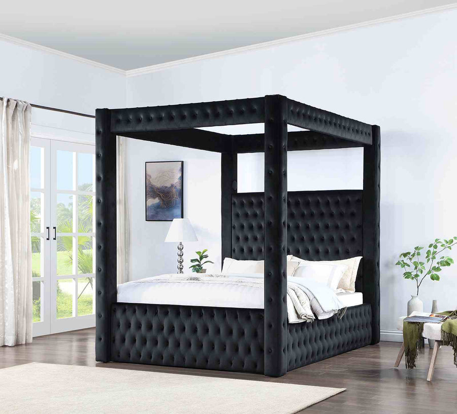 Etherea Upholstered Poster Bed with Bluetooth Speakers & USB Ports - Tufted Flannelette in Black or Gray