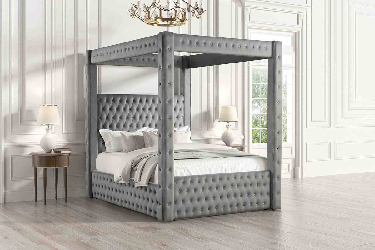 Etherea Upholstered Poster Bed with Bluetooth Speakers & USB Ports - Queen