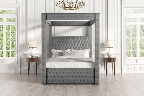 Etherea Upholstered Poster Bed with Bluetooth Speakers & USB Ports - Tufted Flannelette in Black or Gray – Black & Gray, view 9