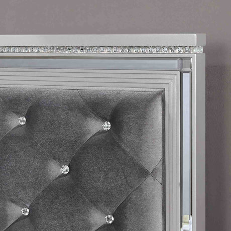 Belleterre Glam Tufted Bed, Bedroom Set & Case Pieces - Mirror Panels, Crystal Accents & USB Charging in Silver – Silver & Gray, view 7