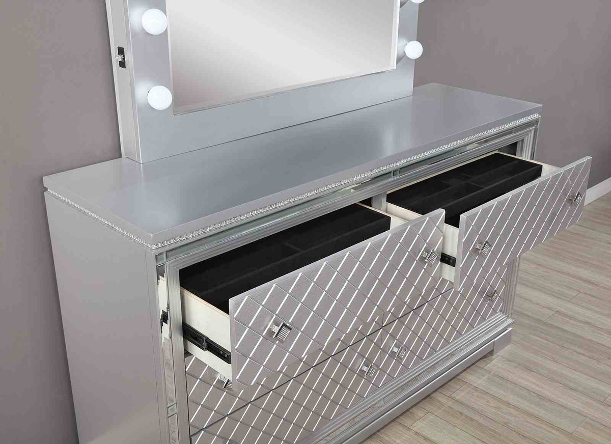 Belleterre Glam Tufted Bed, Bedroom Set & Case Pieces - Mirror Panels, Crystal Accents & USB Charging in Silver – Silver & Gray, view 9