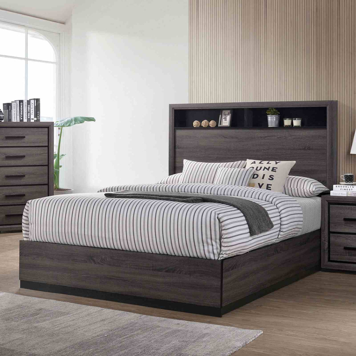 Conwy Contemporary Bookcase Headboard Bed, Bedroom Set & Case Pieces - Queen Bed Only