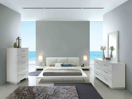 Christie Low Profile Leatherette Platform Bed & Bedroom Collection - Dresser, Mirror, Chest & USB Nightstand in High Gloss White – White, view 2