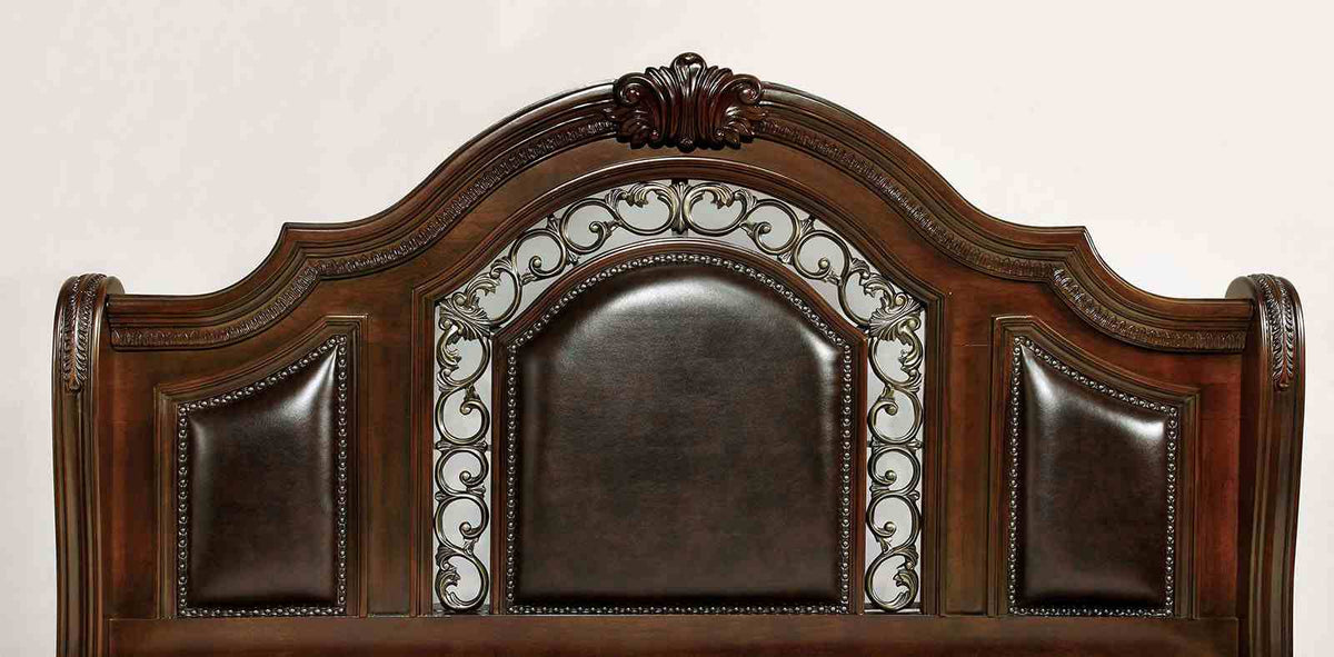 Flandreau Traditional Luxury Bed - Padded Leatherette Headboard, Nailhead & Faux Carvings in Brown Cherry – Brown, view 4