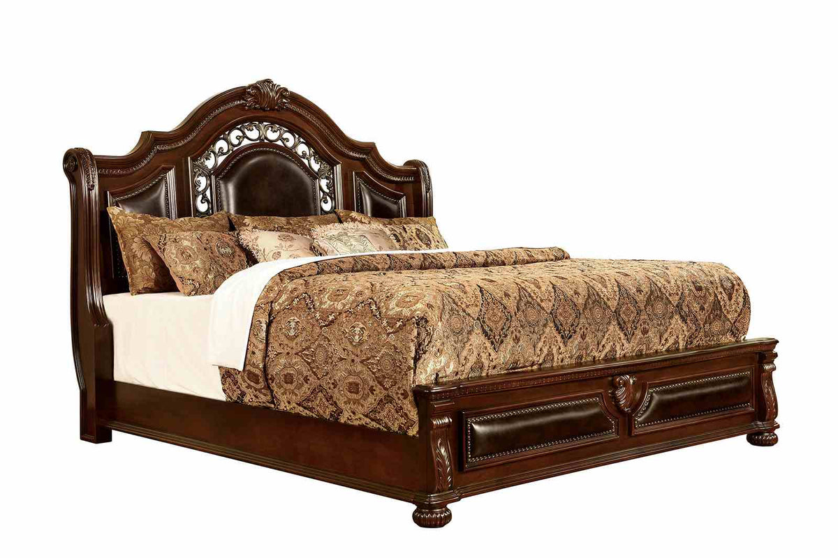 Flandreau Traditional Luxury Bed - Padded Leatherette Headboard, Nailhead & Faux Carvings in Brown Cherry – Brown, view 3