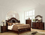 Flandreau Traditional Luxury Bed - Padded Leatherette Headboard, Nailhead & Faux Carvings in Brown Cherry – Brown, view 2
