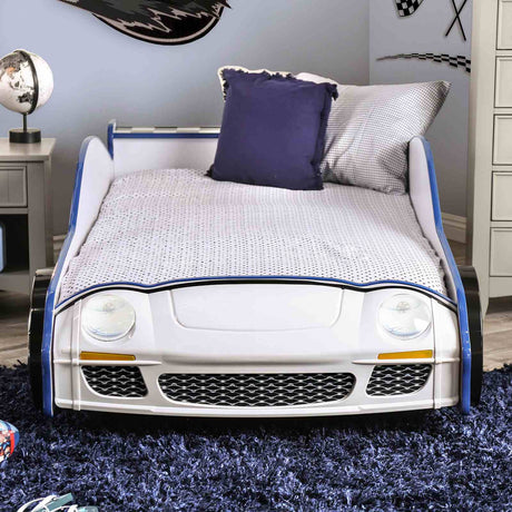 Poe Twin Race Car Bed with LED Headlights & Wheels - Glossy Blue & White Kids Bed – Blue & White, view 3