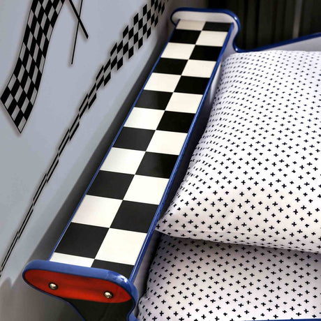 Poe Twin Race Car Bed with LED Headlights & Wheels - Glossy Blue & White Kids Bed – Blue & White, view 2