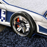 Poe Twin Race Car Bed with LED Headlights & Wheels - Glossy Blue & White Kids Bed – Blue & White, view 8