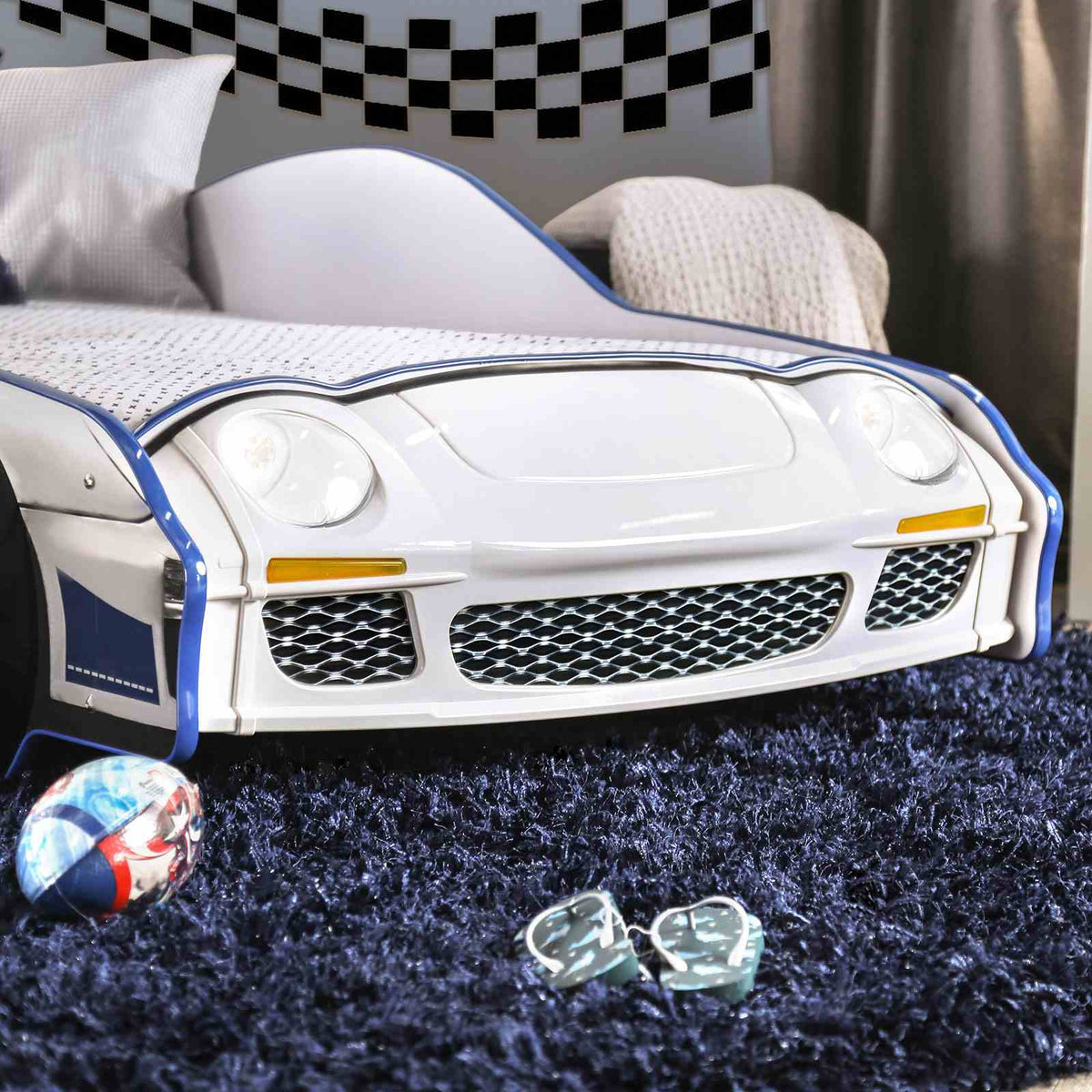 Poe Twin Race Car Bed with LED Headlights & Wheels - Glossy Blue & White Kids Bed – Blue & White, view 6