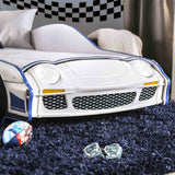 Poe Twin Race Car Bed with LED Headlights & Wheels - Glossy Blue & White Kids Bed – Blue & White, view 6
