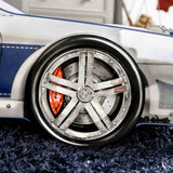 Poe Twin Race Car Bed with LED Headlights & Wheels - Glossy Blue & White Kids Bed – Blue & White, view 5
