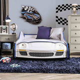 Poe Twin Race Car Bed with LED Headlights & Wheels - Glossy Blue & White Kids Bed – Blue & White, view 4