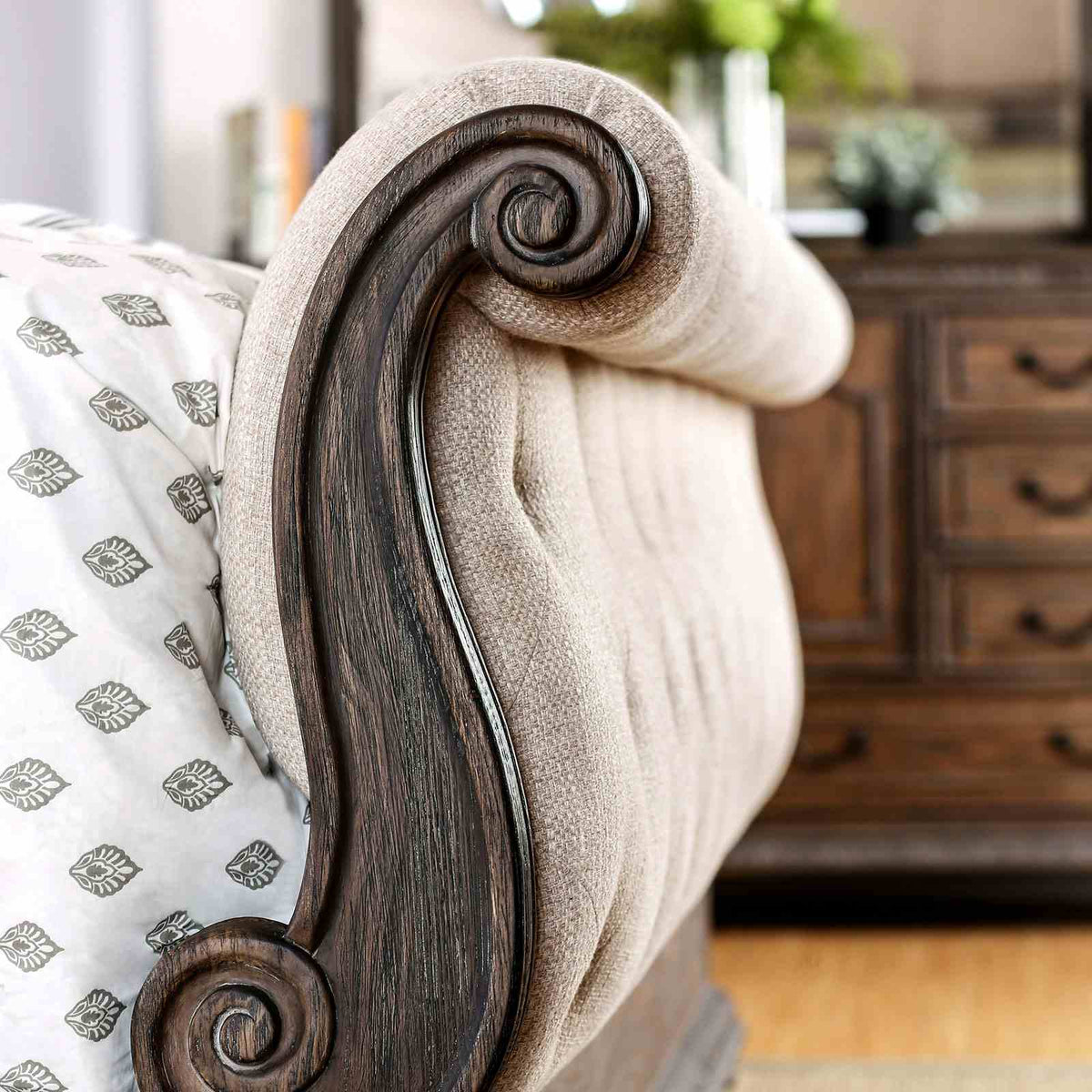 Lysandra Upholstered Sleigh Bed & Bedroom Collection with Armoire - Button Tufted Linen-Like Fabric & Rustic Natural – Natural & Beige, view 5