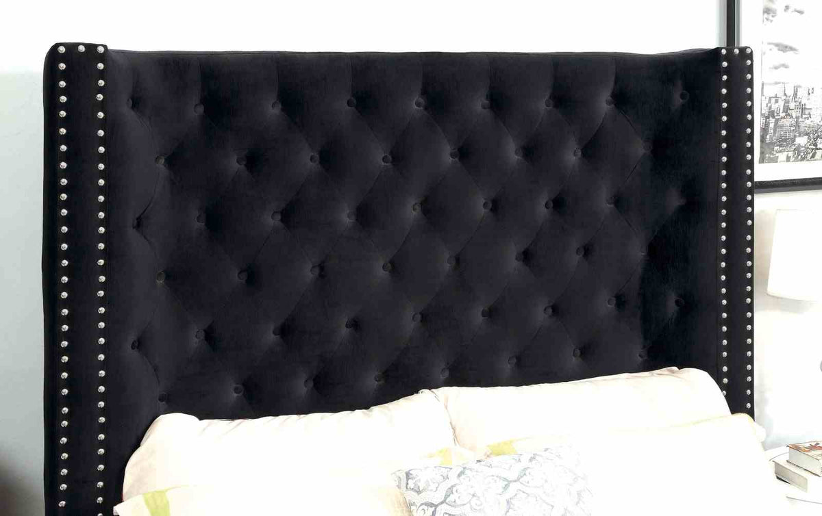 Rosabelle Velvet Wingback Platform Bed - Button-Tufted Headboard with Nailhead Trim in Black, Gray or Ivory – Black & Gray, view 2