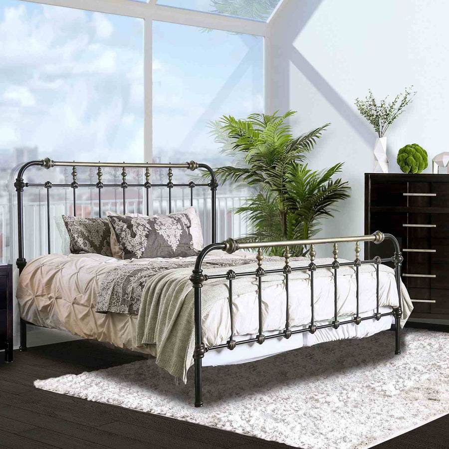 Riana Metal Spindle Bed - Antique Black Powder Coat with Hand-Brushed Gold Accents, Twin to Eastern King