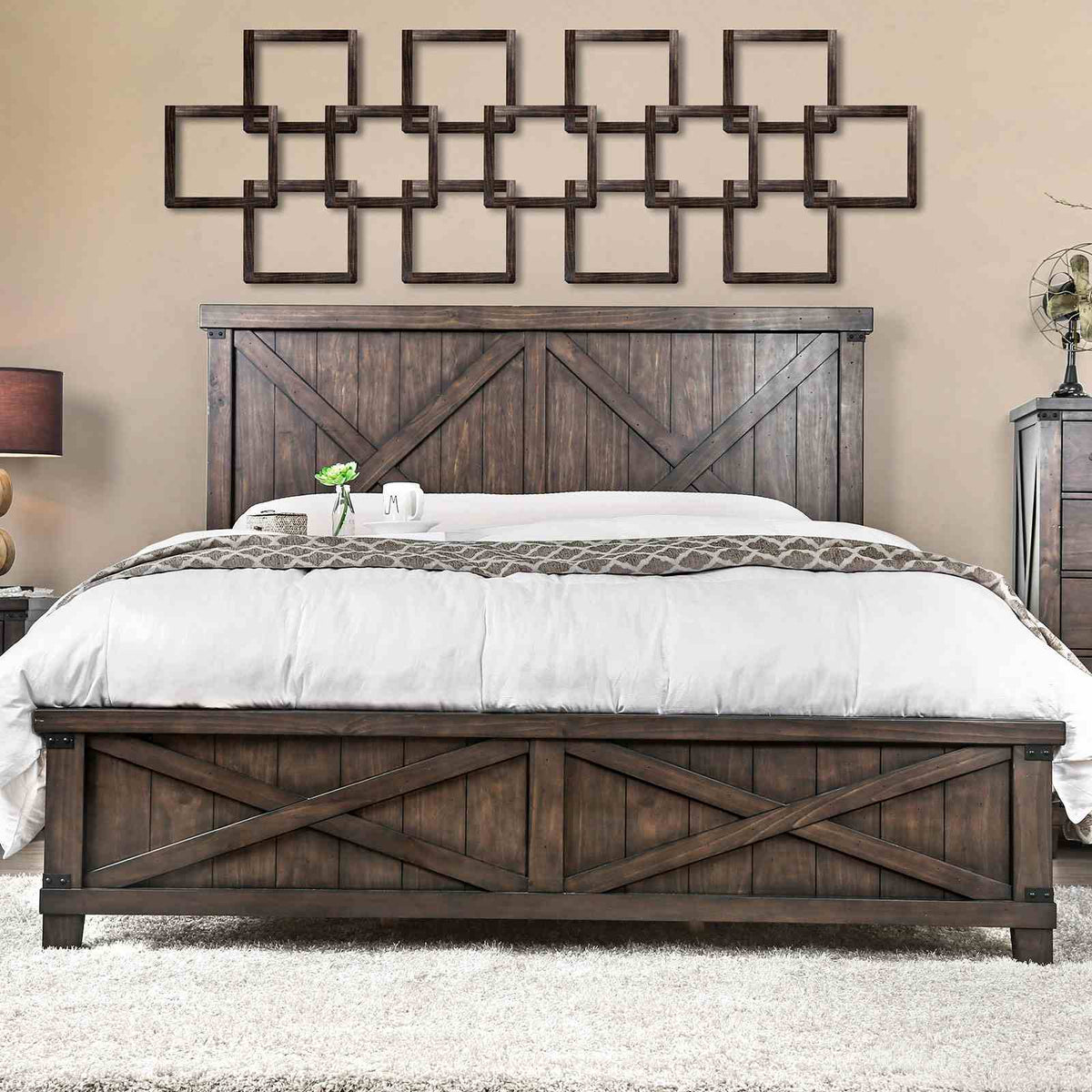 Bianca Rustic Plank-Style Bed, Nightstand & Mirror - Queen, Eastern King or California King in Dark Walnut – Brown, view 5