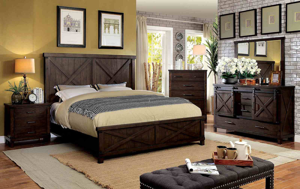 Bianca Rustic Plank-Style Bed, Nightstand & Mirror - Queen, Eastern King or California King in Dark Walnut – Brown, view 6