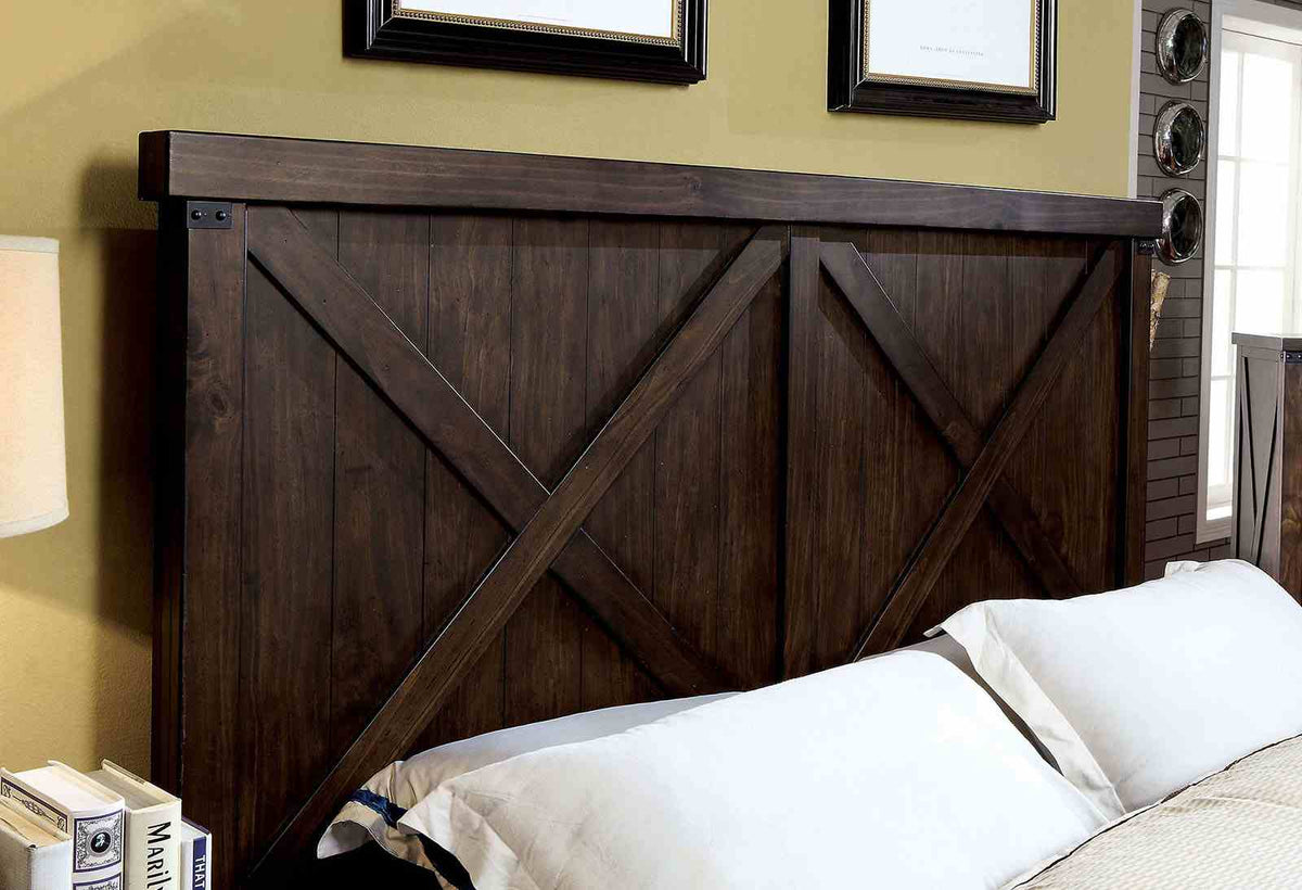Bianca Rustic Plank-Style Bed, Nightstand & Mirror - Queen, Eastern King or California King in Dark Walnut – Brown, view 4