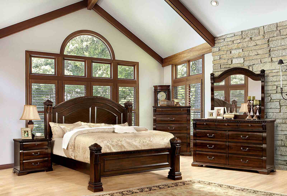 Burleigh Transitional Wood Bed, Bedroom Set & Case Pieces - 4pcs- Queen Bed + Dresser + Mirror + Nightstand