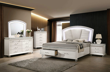 Maddie Glam LED Platform Bed, Bedroom Set & Case Pieces - Tufted Headboard, Crystal Accents & Footboard Drawers in Pearl White – White, view 15